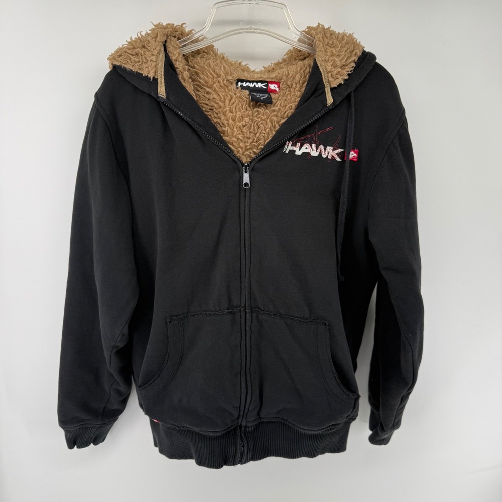 Y2K Tony Hawk Mens Medium Black Sherpa Lined Full Zip Hoodie Skater Jacket Logo